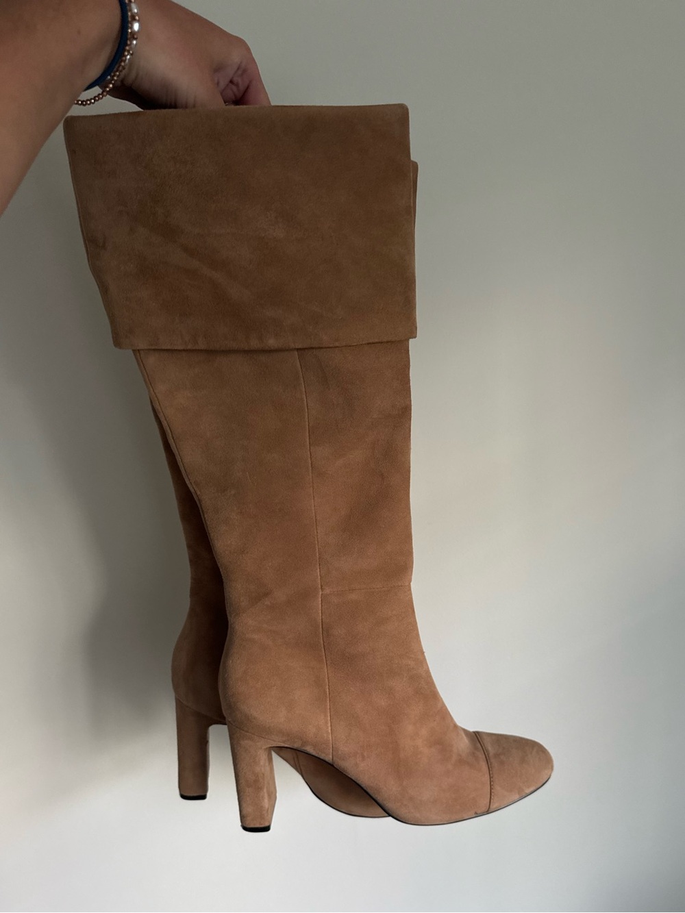 Something Navy Fold-Over Suede Over-the-Knee Boots in Tan